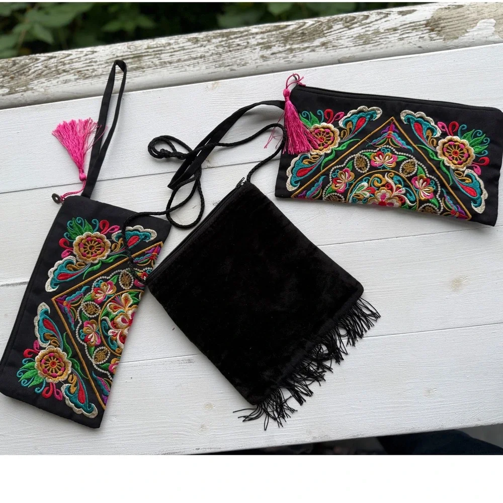 Lot of 3 Mexican Style Embroidered Bags Wristlets Crossbody Boho